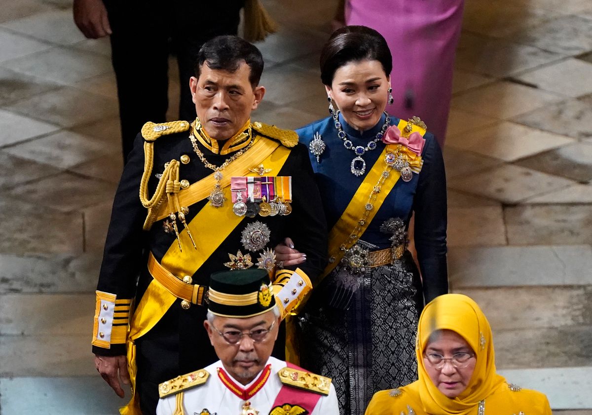 King Vajiralongkorn and Queen Suthida of Thailand at the coronation of King Charles III and Queen Camilla at Westminster Abbey on May 6, 2023, in London, England.
