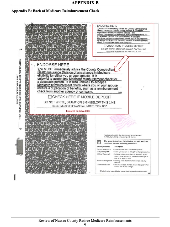 Illustration of the back of a Medicare reimbursement check with instructions for endorsement and security features.