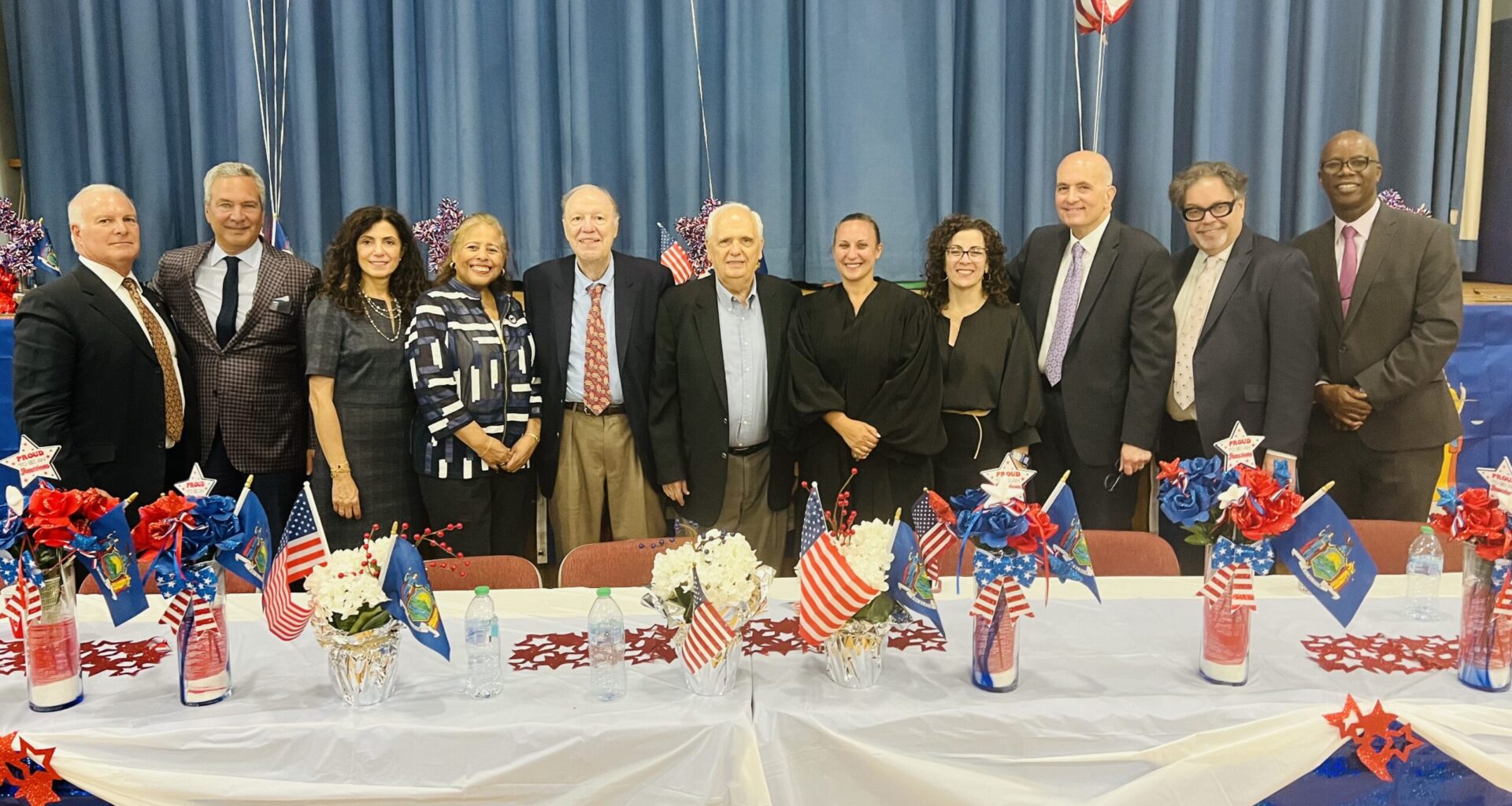 From left: Gregory T. Cerchione, Esq., Steven Bamundo, Esq., Hon. Rosemarie Montalbano, District Leader Jennifer Faucher, Hon. Robert Miller, former Assemblymember Joseph Lentol, Hon. Maria Aragona, Hon. Lara Genovesi, Hon. Carl Landicino, Hon. George Silver and Chief Clerk for Civil Matters Charles Small. Photo: Wayne Daren Schneiderman/Brooklyn Eagle