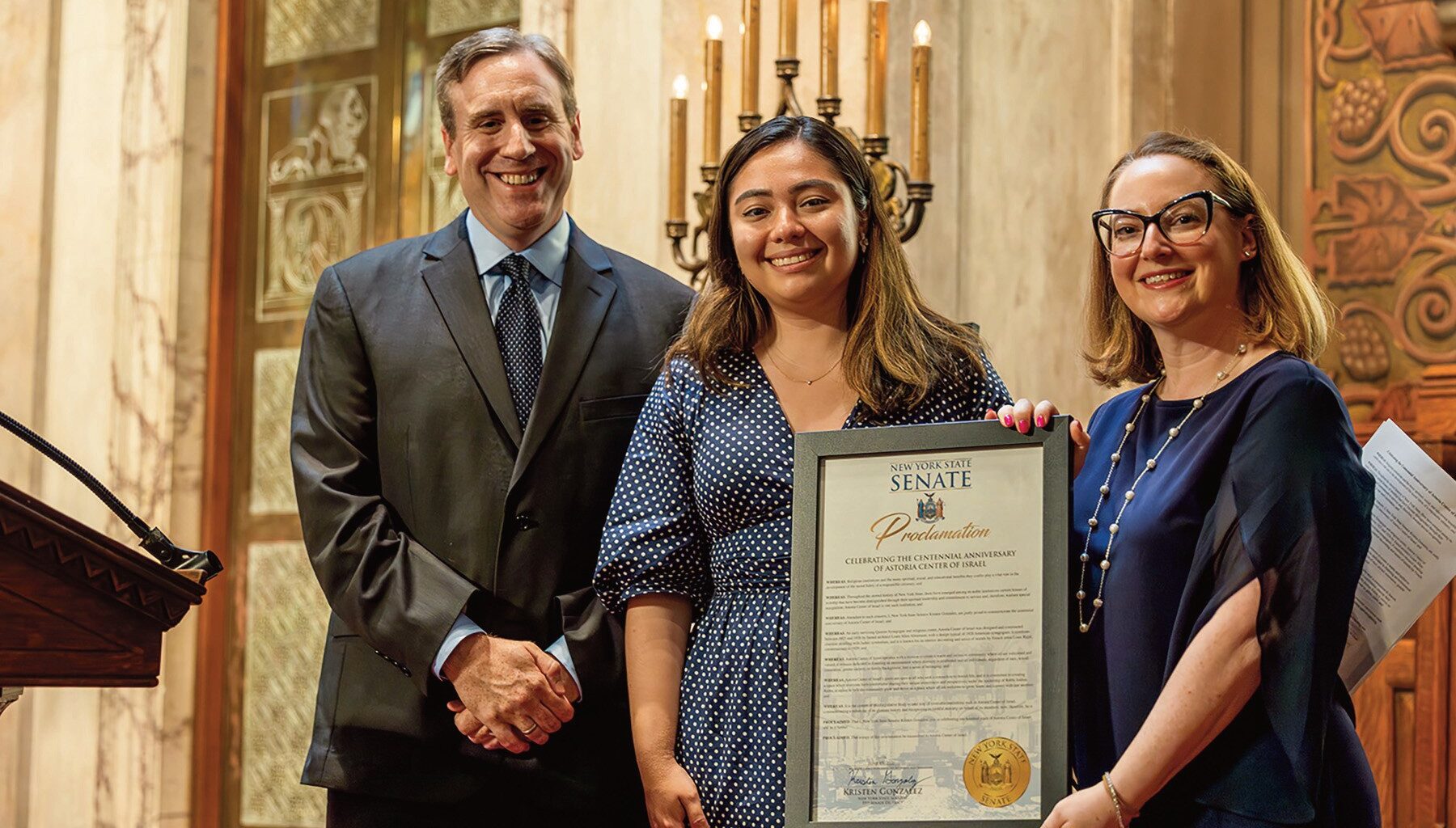 (L. to r.): Rabbi Joshua Rabin, State Senator Krysten Gonzalez, Event Chair Elysa Blumenthal.