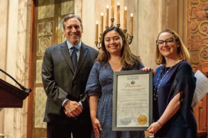 (L. to r.): Rabbi Joshua Rabin, State Senator Krysten Gonzalez, Event Chair Elysa Blumenthal.