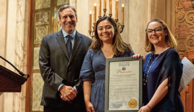 (L. to r.): Rabbi Joshua Rabin, State Senator Krysten Gonzalez, Event Chair Elysa Blumenthal.