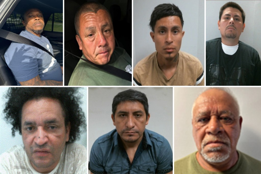 Collage of 6 mugshots of men, some with facial hair, all looking directly at the camera.