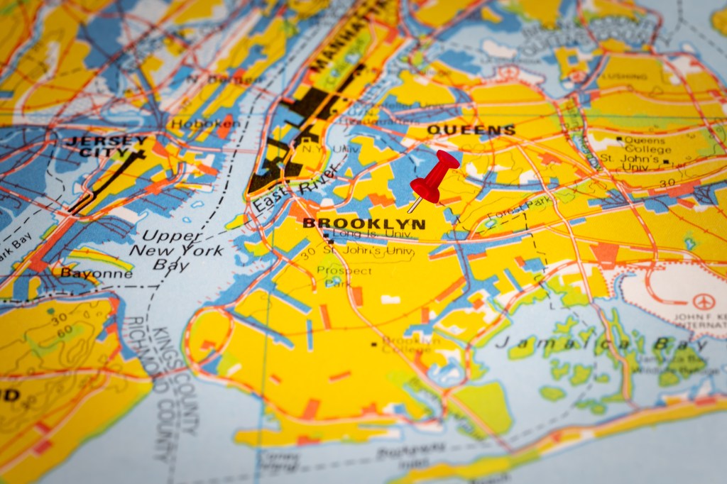 Map of Brooklyn, New York, USA, and the surrounding area, with a red pin marking Brooklyn.