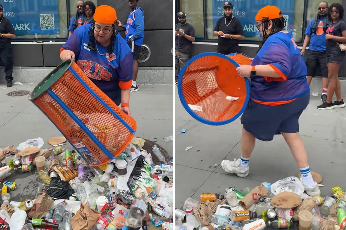 ‘Incredibly stupid’ Knicks fan dumps trash onto the street to steal blue and orange trashcan