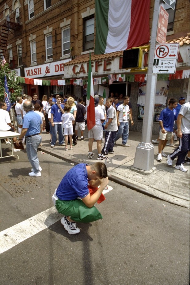 A dejected fan in Bensonhurst, Brooklyn mourns Italy's loss to France in the quarterfinals of the 1998 World Cup on July 3, 1998.