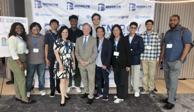 Front row, from left: Dina Rabiner, BCC senior vice president of Innovation and Strategy; Randy Peers, BCC president; and Michael Victor Danza, Kingsborough STEM Lab and Engineering 3D design instructor; and Kingsborough engineering students. Photo: Wayne Daren Schneiderman/Brooklyn Eagle