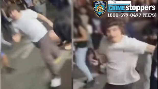 Police released images of several people who they said attacked a San Antonio Spurs fan after the Knicks loss on Monday, June 8, 2026 in Manhattan, and also stole the 39-year-old Spurs jersey he had been wearing. (NYPD)