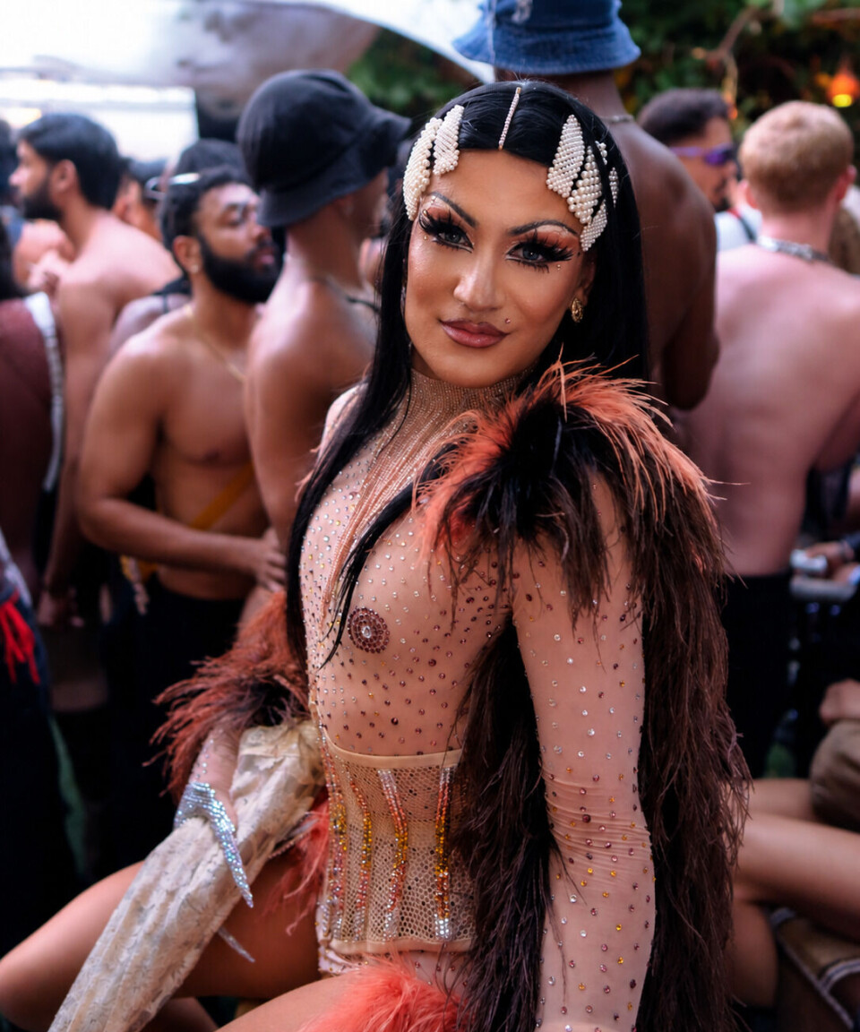 Ana Masreya is wearing a long black wig with big white clips and a nude bodysuit bedazzled with rhinestones.