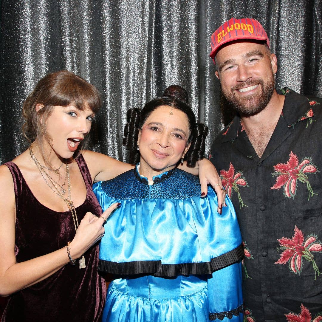 Taylor Swift, Maya Rudolph as "Mary Todd Lincoln" and Travis Kelce pose backstage at the hit comedy "Oh, Mary!" on Broadway at The Lyceum Theatre on June 13, 2026 in New York City.