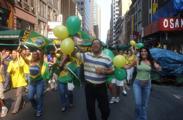 Scenes of jublilation in Little Brazil on West 46th Street after the Brazilian team beat Germany 2-0 in the World Cup Final on June 30, 2002.