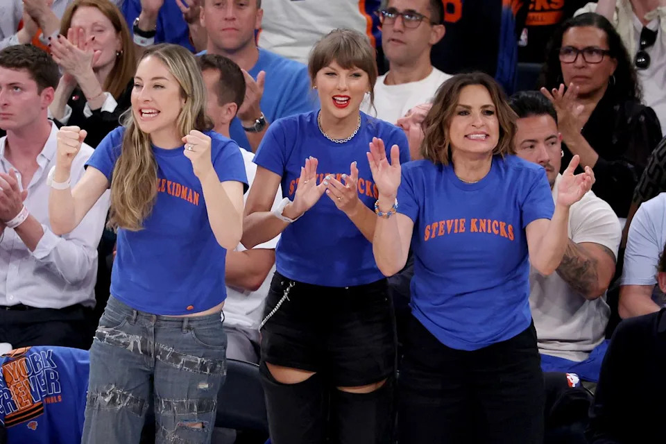 Este Haim, Taylor Swift, and Mariska Hargitay attend Game Four of the 2026 NBA Finals on June 10 in New York CityCredit: Al Bello/Getty