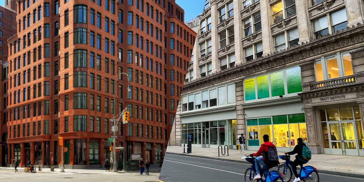Split-view street scene showing two adjacent New York City buildings. On the left is a modern red-brick residential building at a corner intersection with large windows and retail storefronts at street level. On the right is a historic stone building with ornate architectural detailing and large street-facing windows displaying green posters above a brightly lit storefront entrance labeled “Pratt Institute.” Two cyclists ride past on the street in front of the building, and pedestrians are visible along the sidewalk.