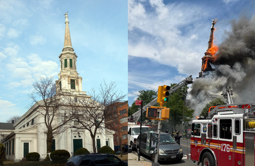 The South Bushwick Reformed Church (L) in Brooklyn, New York, on a sunny afternoon in 2009. The church (R) burns in a fire on June 19, 2026.