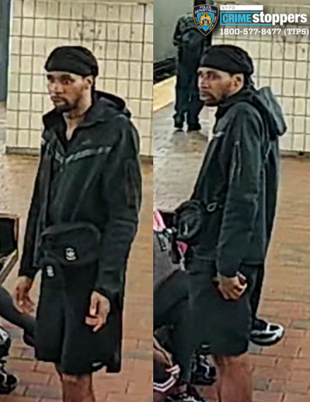 Collage of two images of an individual wearing a black durag, black jacket, black shorts, and black fanny pack.