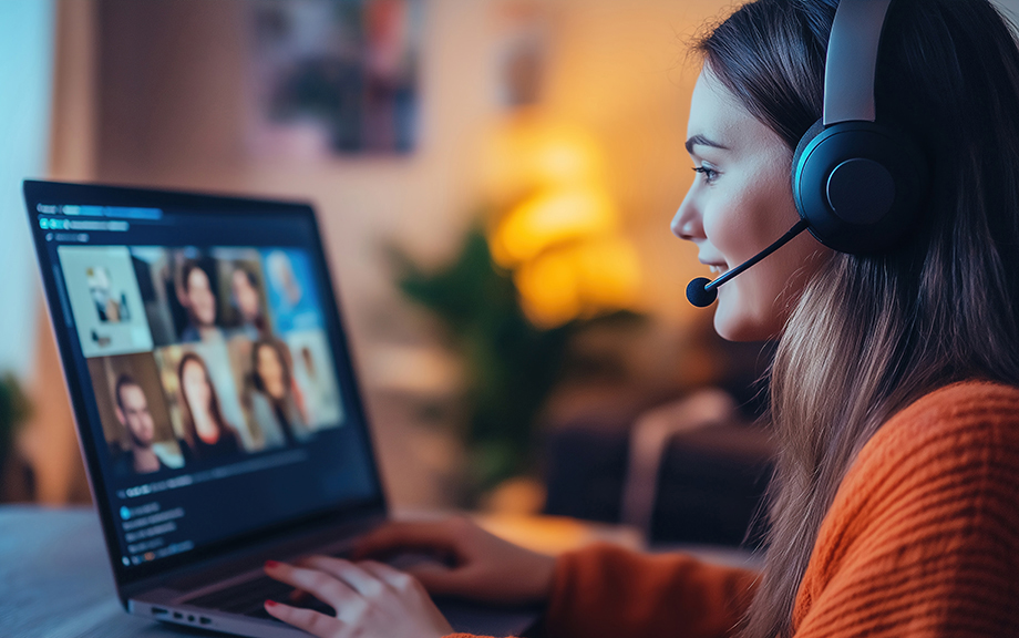 Photo of young caucasian woman working at her desk at home wearing a headsset and engaged in a videoteleconferencing call on her laptop computer.