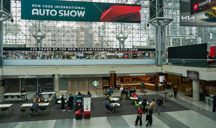 Auto show signs inside New York's Javits convention center