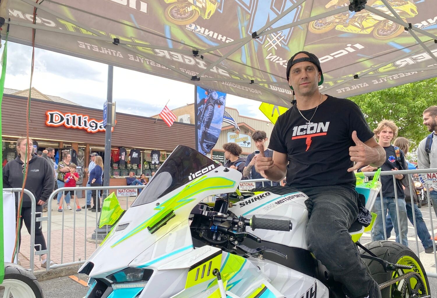 Freestyle motorcyclist Kyle Sliger poses with his bike after a stunt showcase for Americade in Lake George, NY. Photo by David Escobar