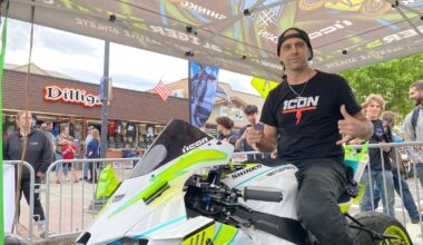 Freestyle motorcyclist Kyle Sliger poses with his bike after a stunt showcase for Americade in Lake George, NY. Photo by David Escobar
