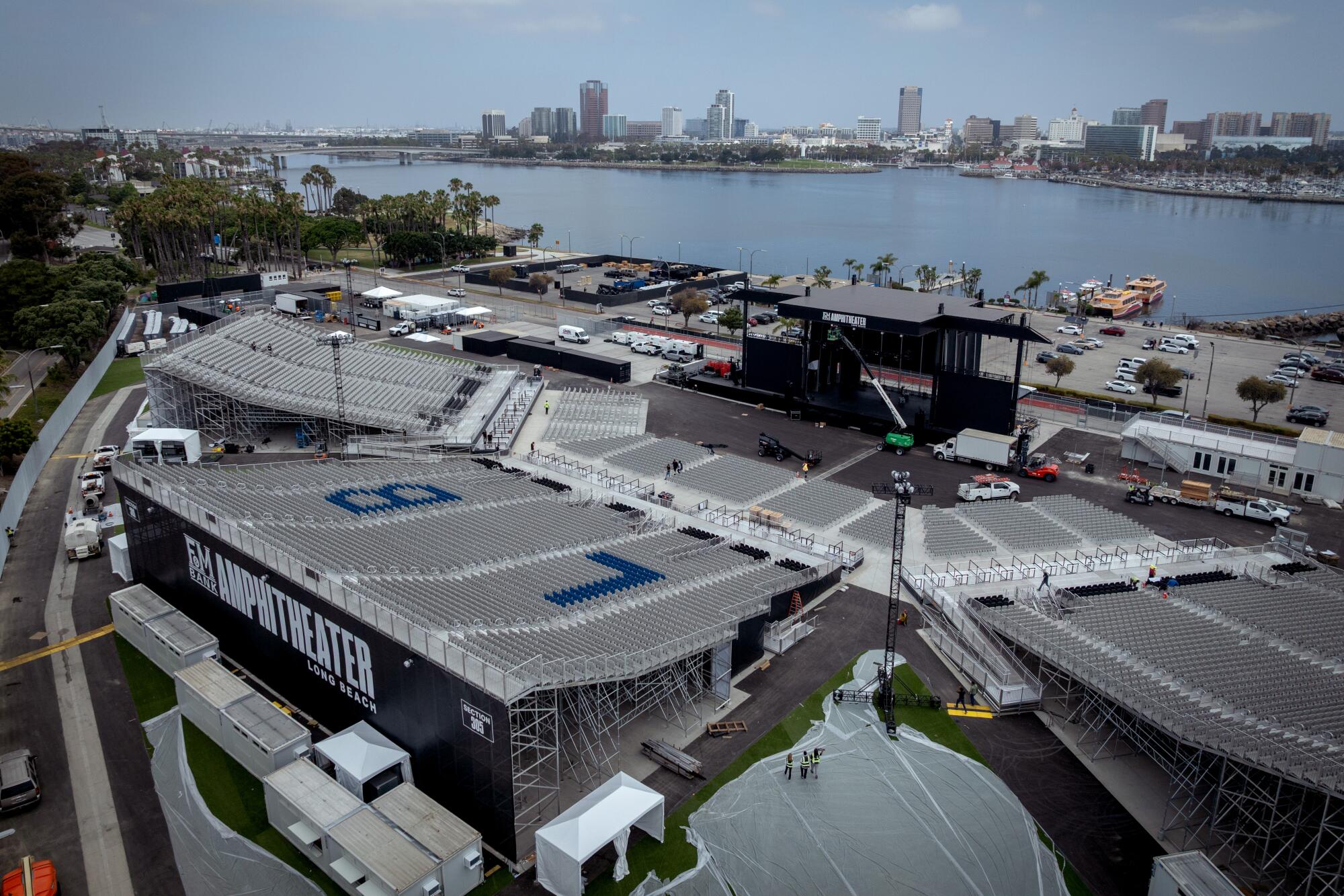 A view of the amphitheater from above, with the waterfront in the foreground.