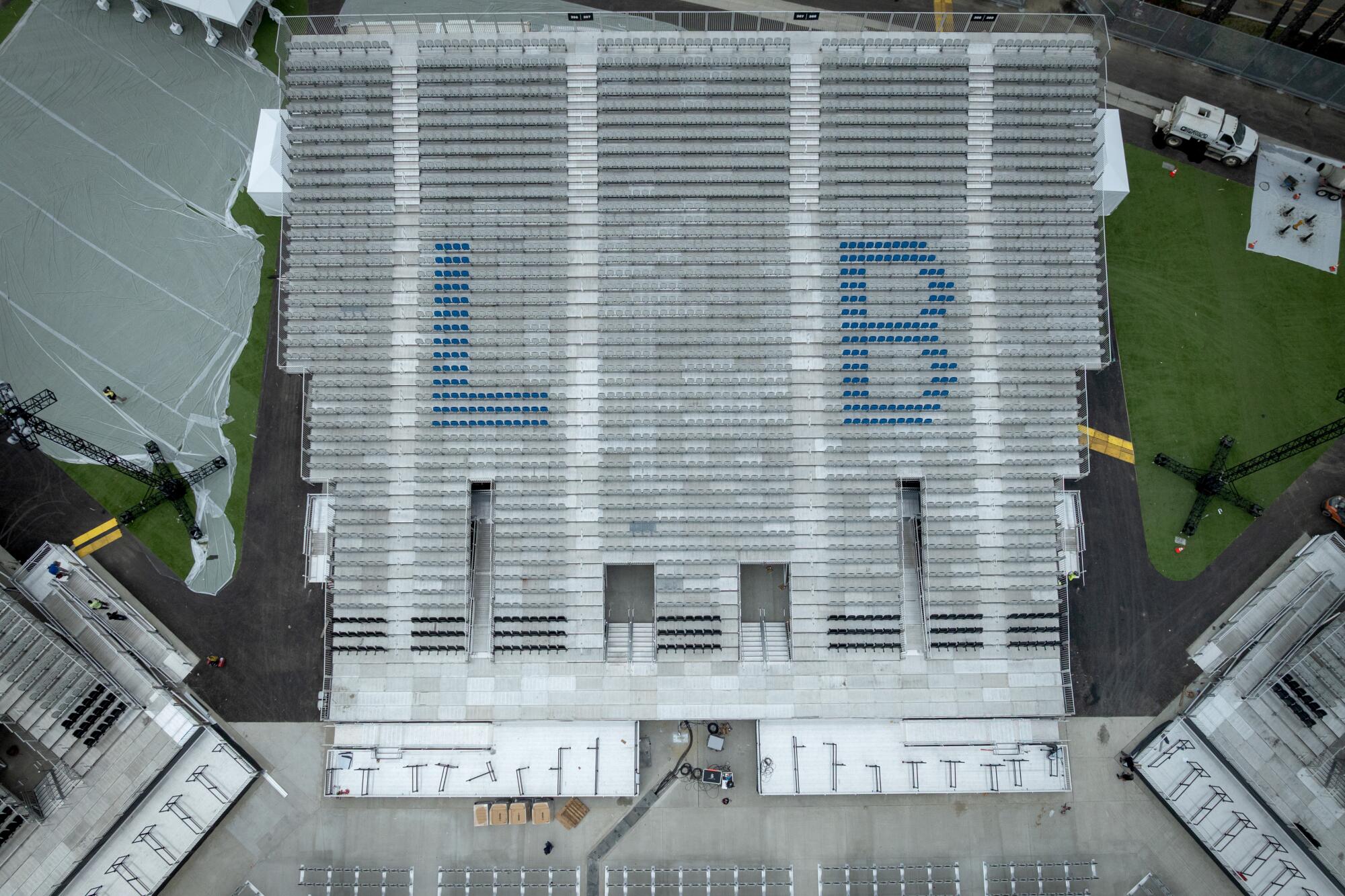 Bleacher seats spell out large letters L and B, for Long Beach, at the amphitheater.