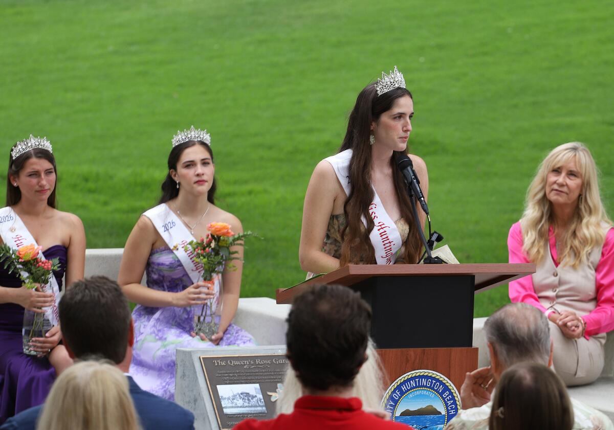 Miss Huntington Beach Gabrielle Samiy talks about choosing the "Remember Me" rose during Friday's ceremony.