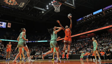 Aaliyah Edwards #8 of the Connecticut Sun scores over Breanna Stewart #30 of the New York Liberty in the first quarter at Mohegan Sun Arena on June 8, 2026 in Uncasville, Connecticut.
