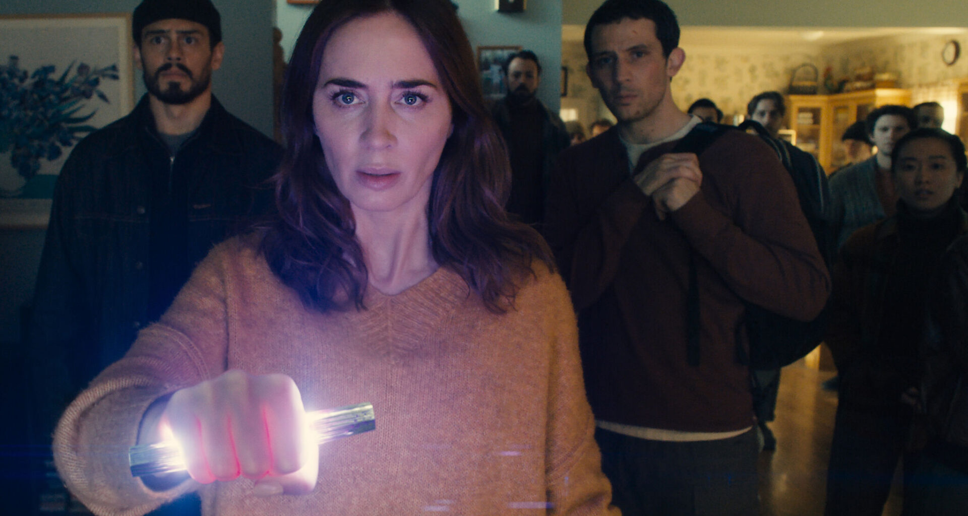 From left, Tommy Martinez as Santiago, Emily Blunt as Margaret Fairchild and Josh O’Connor as Dr. Daniel Kellner in “Disclosure Day,” directed by Steven Spielberg. The latest sci-fi blockbuster by the iconic director was shot on location in upstate New York and New Jersey.
