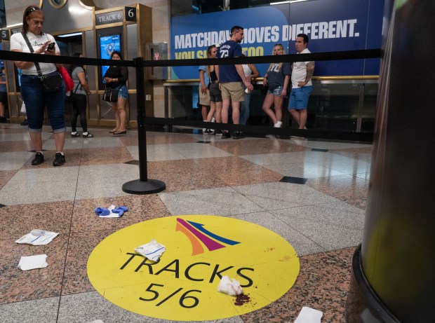 Blood drops are pictured on the floor after five people were stabbed at Penn Station Sunday, June 7, 2026 in Manhattan, New York. (Barry Williams/ New York Daily News)
