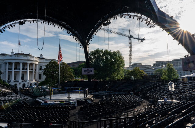 Members of the media view the arena for the UFC Freedom 250 fights on the South Lawn of the White House, Thursday, June 11, 2026, in Washington. (AP Photo/Alex Brandon)