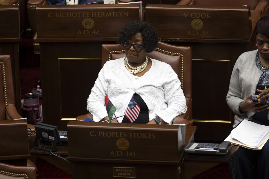 New York state Assembly Majority Leader Crystal D. Peoples-Stokes of Buffalo during a budget debate on May 8, 2025.