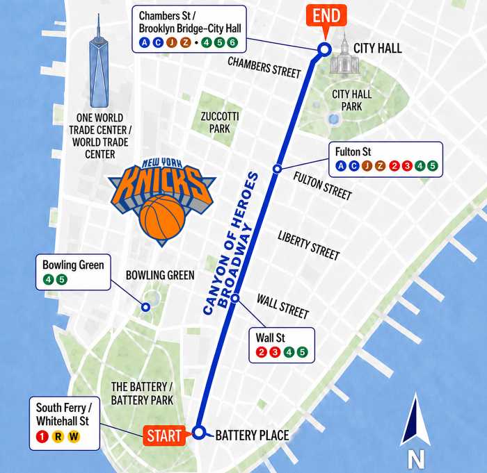 map of the Knicks ticker-tape parade route