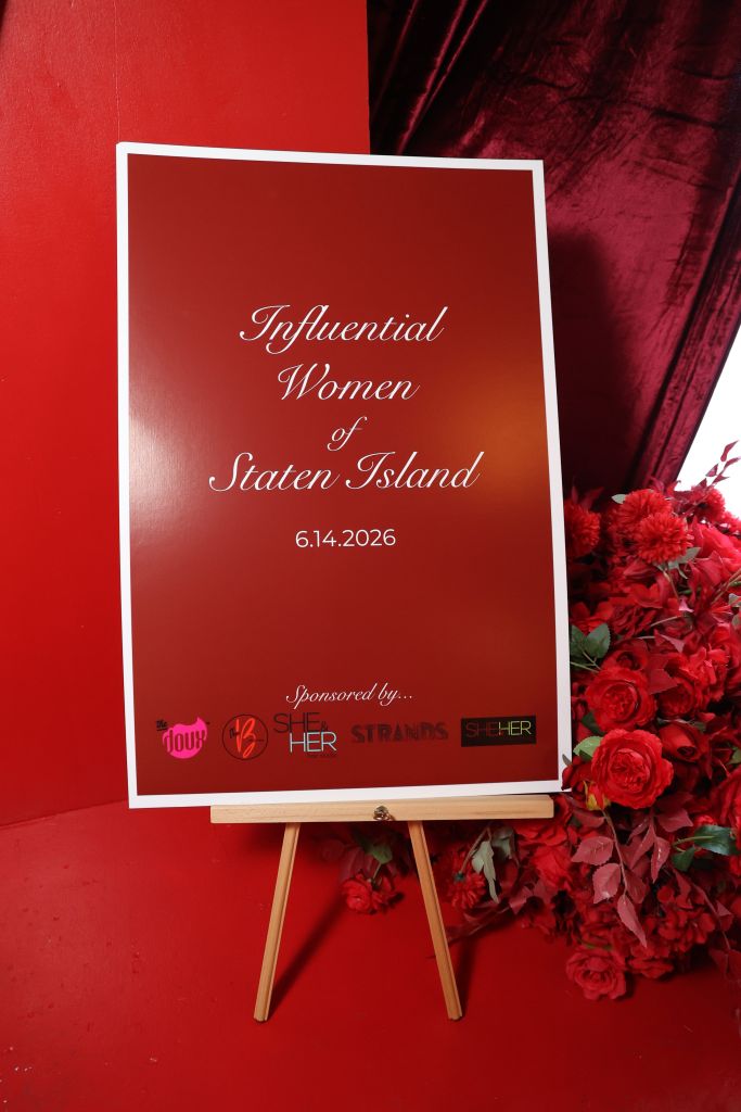 Poster for an event titled "Influential Women of Staten Island" on June 14, 2026, sponsored by The Dour, Her, Strands, and Sher.