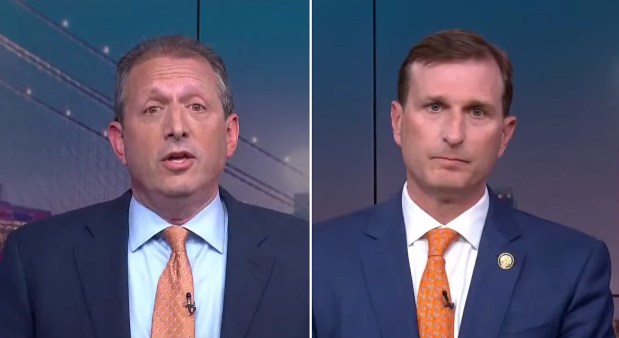 Brad Lander, left, and Rep. Dan Goldman participate in the first debate in their contentious Democratic primary in the NY-10 district on Monday, June 1, 2026. (NY1)