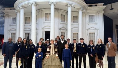 Edwardsville FFA members with Lincoln family statues at the Abraham Lincoln Presidential Museum and Library. Left to right: Michael Hubbard, Macie Wilkinson, Elizabeth Dungan, Angie Nuñez, Caitlyn Stafford, Hunter Touchette, Dylan Henke, Lucas Wilkinson, Austin Manley, Mason Morfey, Kolson Bruhn, Lucy Heepke, Brooklyn Elliott, Joseph Birrittier