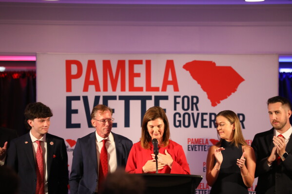 Republican South Carolina Lt. Gov. Pam Evette concedes the GOP gubernatorial runoff to Alan Wilson, in Myrtle Beach, S.C., Tuesday, June 23, 2026. (AP Photo/Jeffrey Collins)