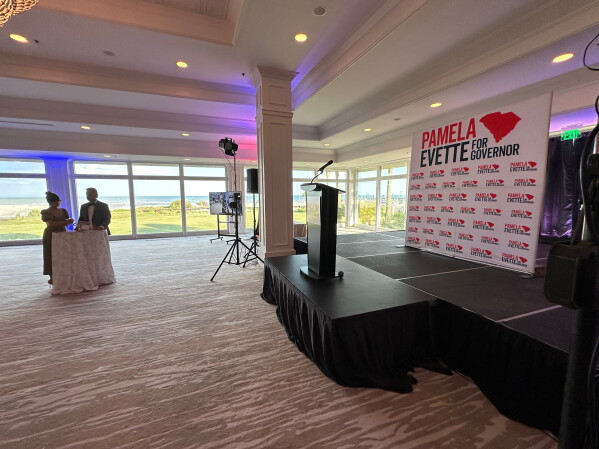 A venue is set up for Republican South Carolina Lt. Gov. Pam Evette's election party, in Myrtle Beach, Tuesday, June 23, 2026. (AP Photo/Jeffrey Collins)