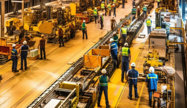 Top view of a bustling factory floor, workers in bright safety vests moving between rows of gleaming machinery , concept of Manufacturing processes and Productivity optimization, created with Generative AI technology