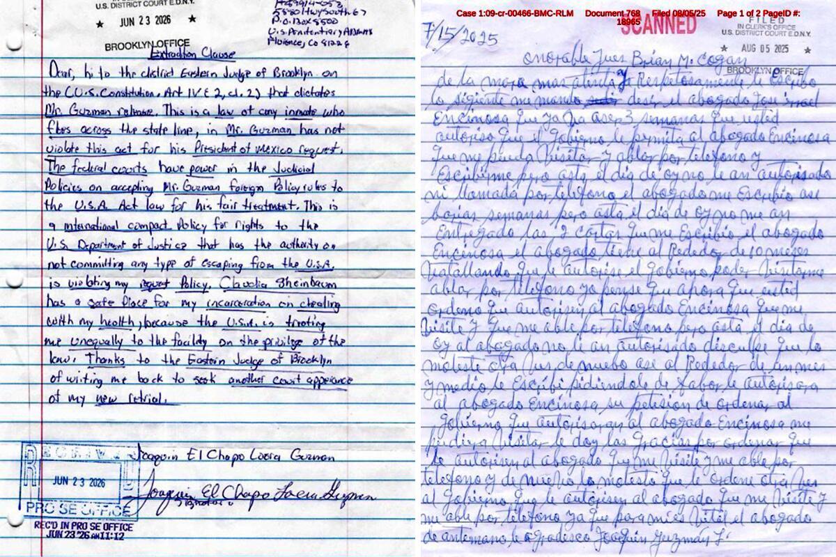 Two pages of handwritten letters on ruled white paper