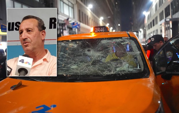 Cab driver Noureddine Bitat (inset) was beaten and dragged from the yellow cab he was driving (main) just blocks away from Madison Square Garden by several rowdy and violent Knicks fans after a dramatic come-from-behind win last week over the San Antonio Spurs on June 10, 2026. (Nicholas Williams / New York Daily News; Selcuk Acar/Anadolu via Getty Images)