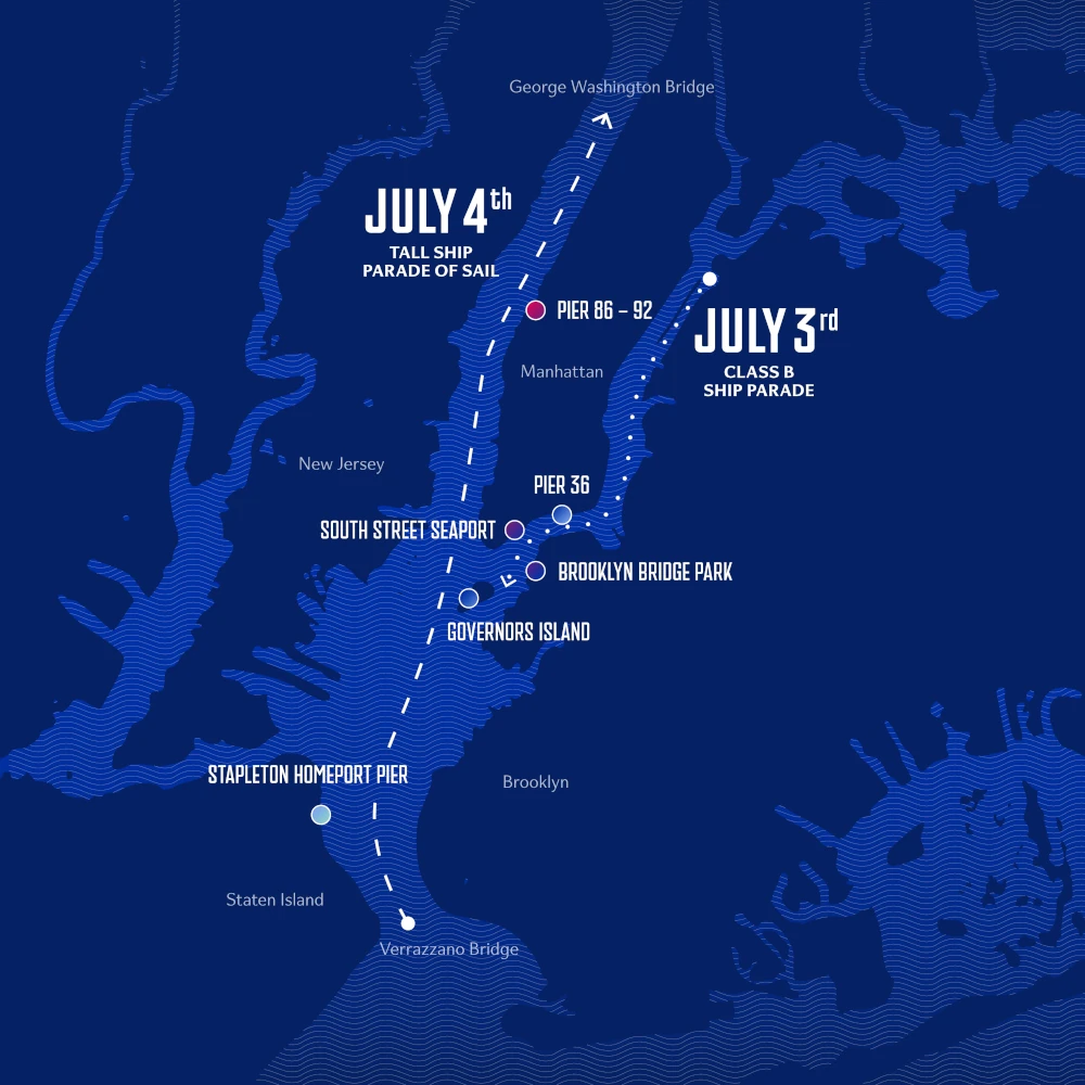 Sail4th 250 Parade of Tall Ships map