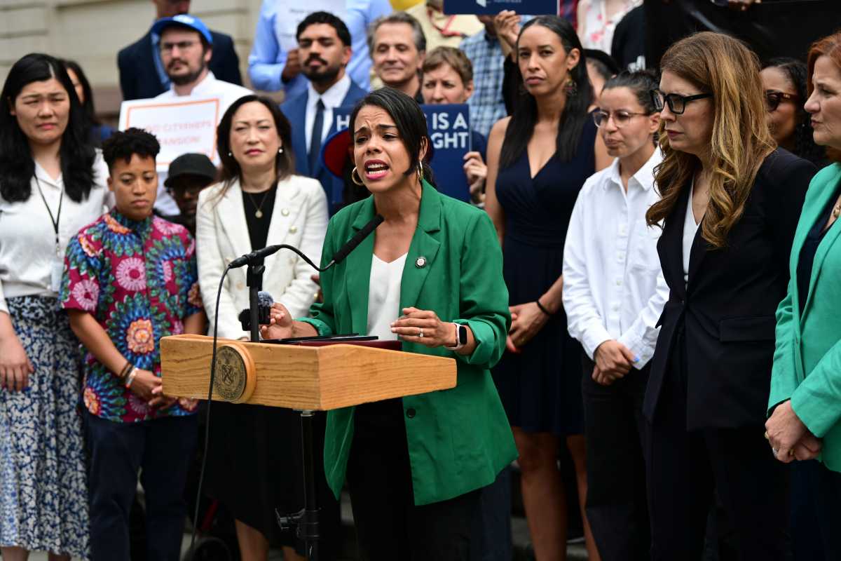 Bronx City Council Member Pierina Sanchez speaks outside City Hall in support of expanding CityFHEPS.