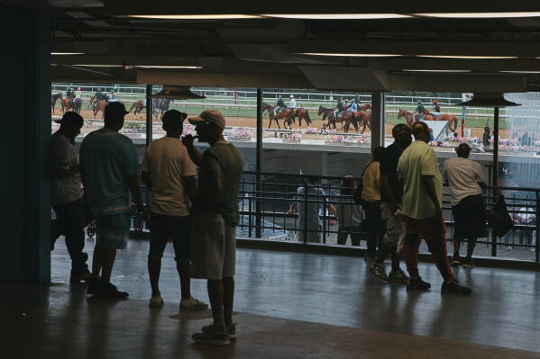 People watch races inside Aqueduct Racetrack in the Queens borough of New York, Saturday, June 27, 2026. (AP Photo/Andres Kudacki)