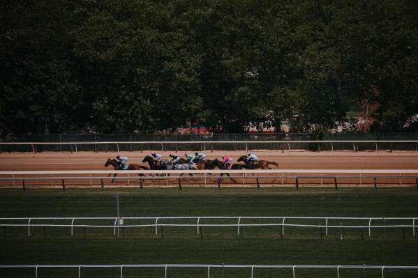 Horses race on closing day at Aqueduct Racetrack in the Queens borough of New York, Sunday, June 28, 2026. (AP Photo/Andres Kudacki)