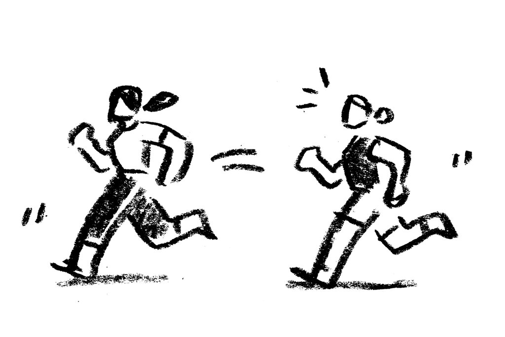 A black and white drawing of two women running, one behind the other. 