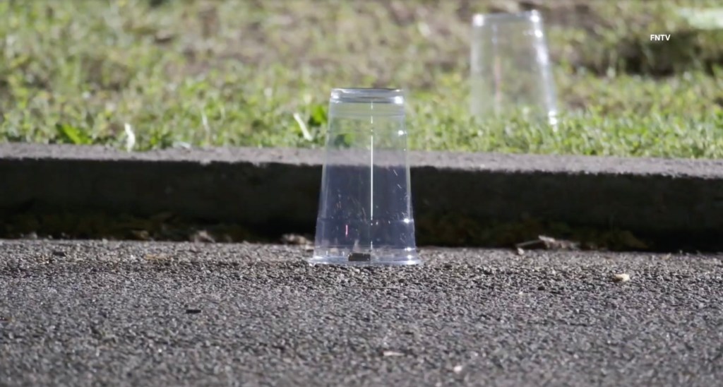 Two shell casings are visible under plastic cups, marking evidence at a shooting scene.