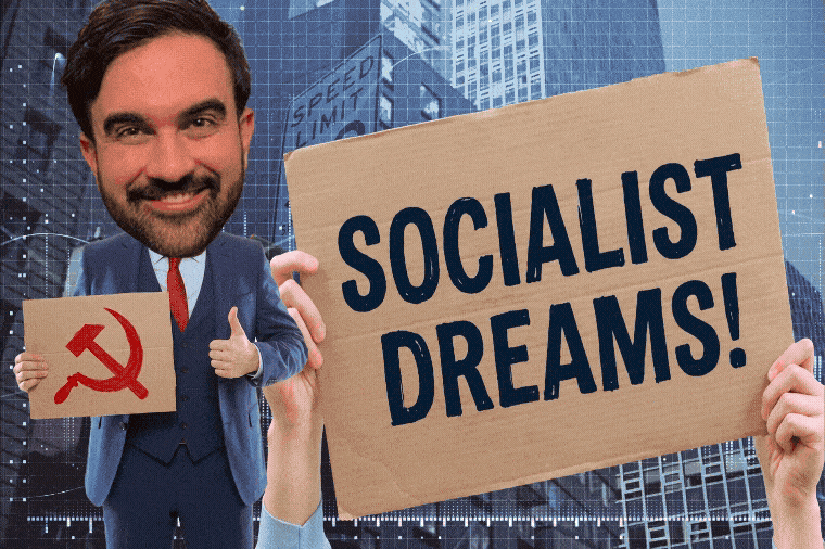 Illustration of a man in a suit with an enlarged head holding a sign with a hammer and sickle, next to a sign that reads "SOCIALIST DREAMS!"