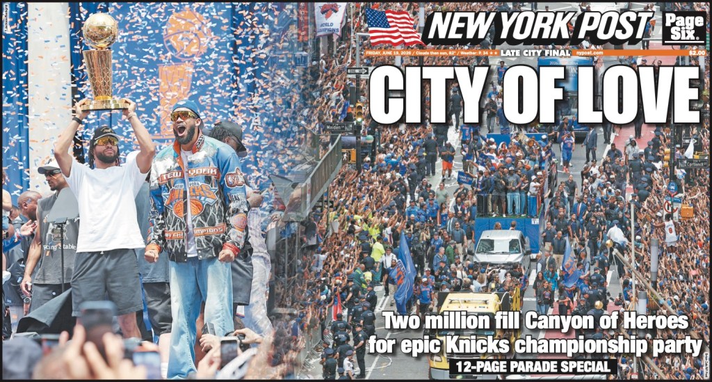 New York Post front page covering the Knicks championship parade.
