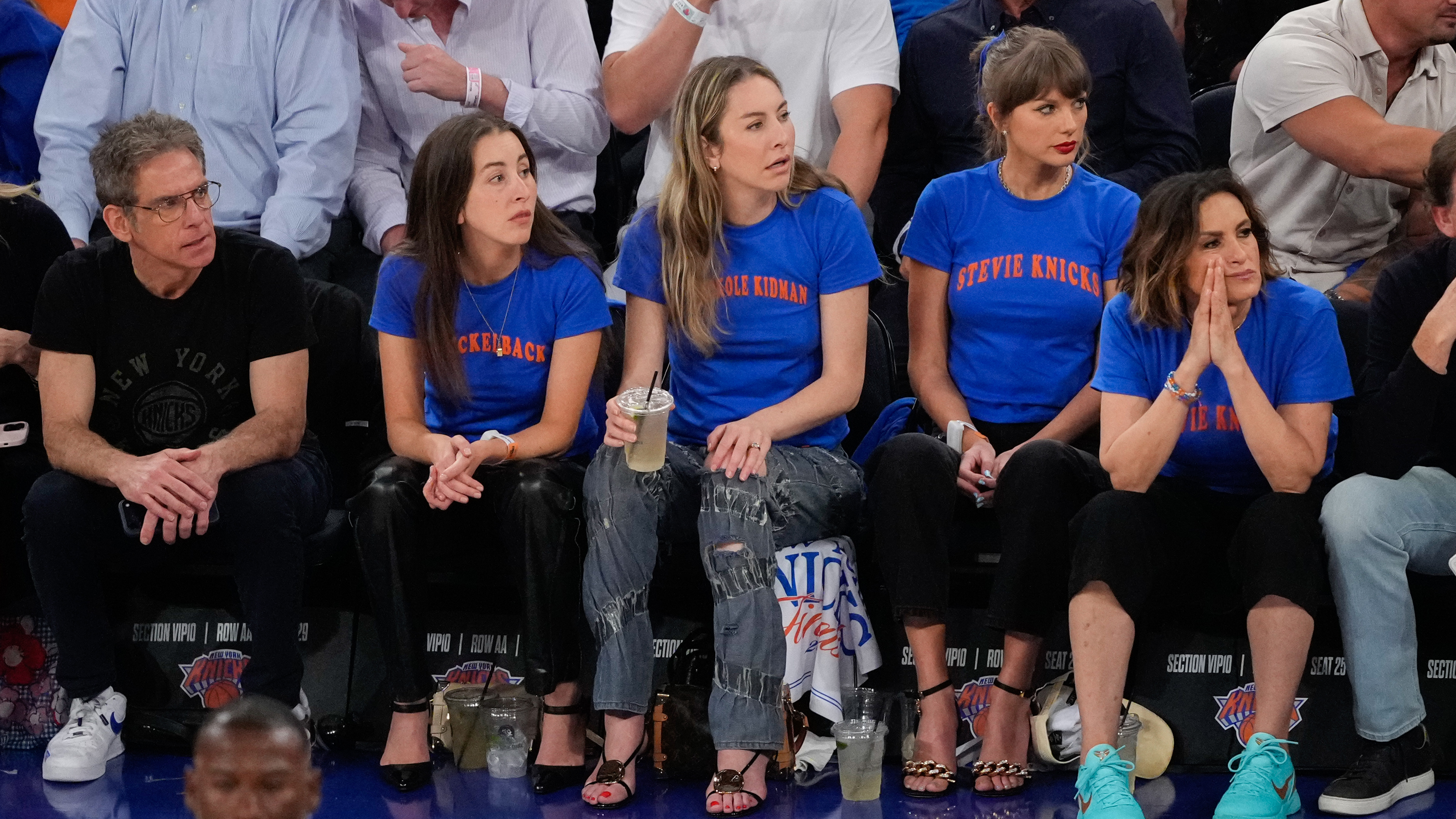 From left: Ben Stiller, Alana Haim, Este Haim, Taylor Swift and Mariska Hargitay watch during the first half of Game 4 of the NBA Finals.