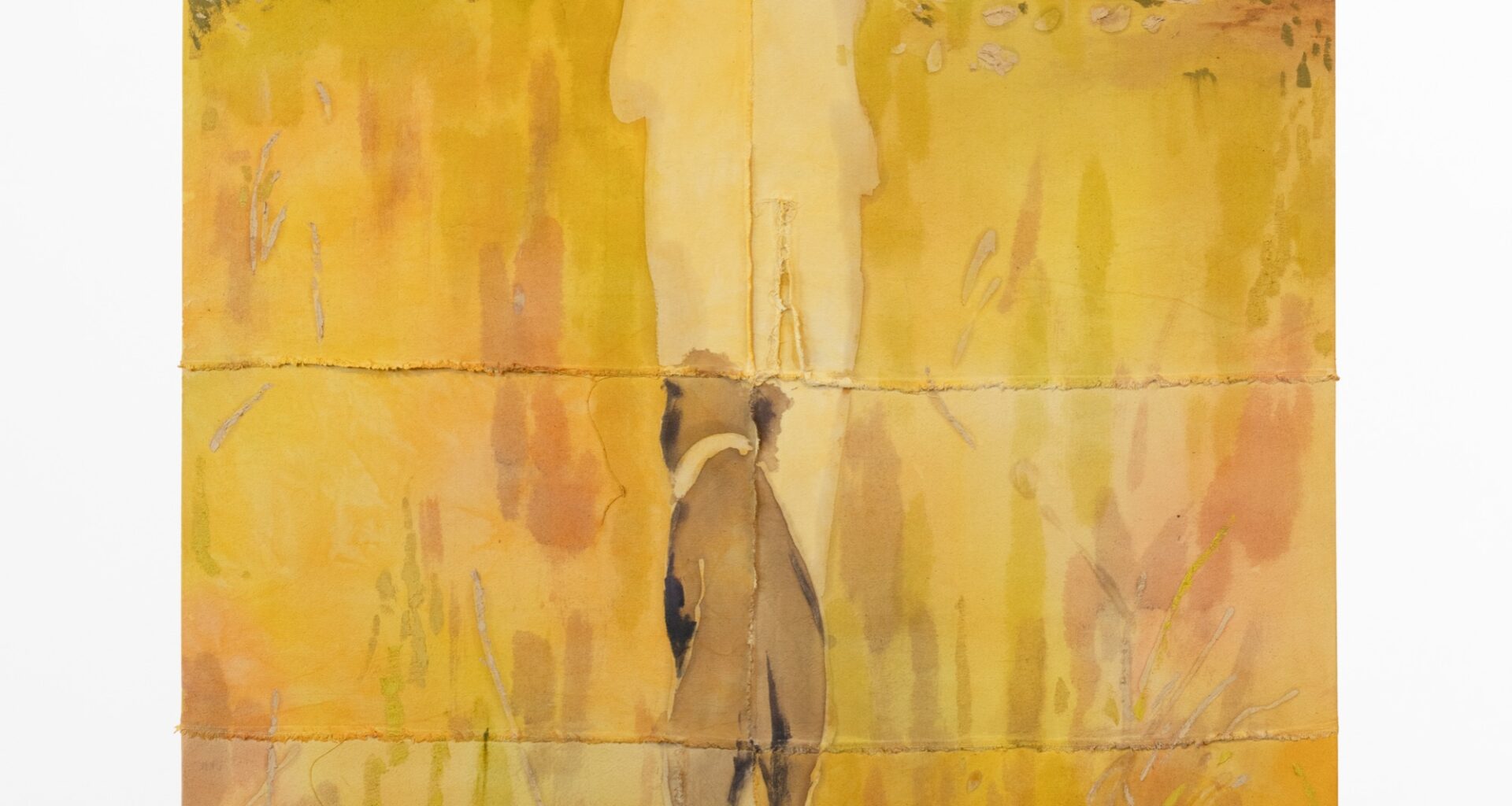Tessa Greene O’Brien, Izzy in the Field, 2026. Oil, bleach, wax resist on dyed and sewn canvas over panel. 60 × 48 inches. Courtesy the artist and Alexandre.